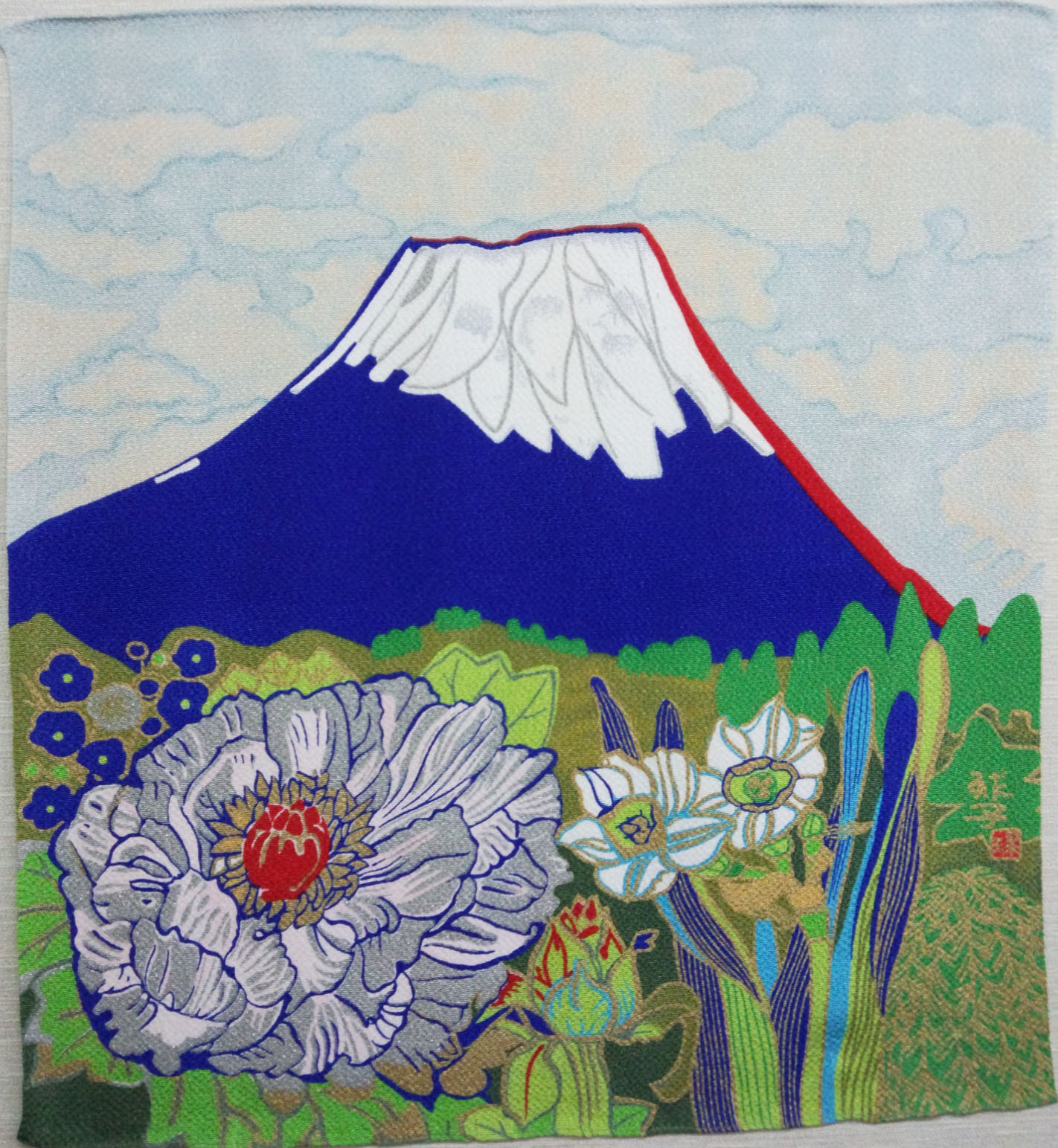 牡丹に富士山 (約45cm巾) 片岡球子 | 山藤・丹後ちりめん風呂敷ショップ